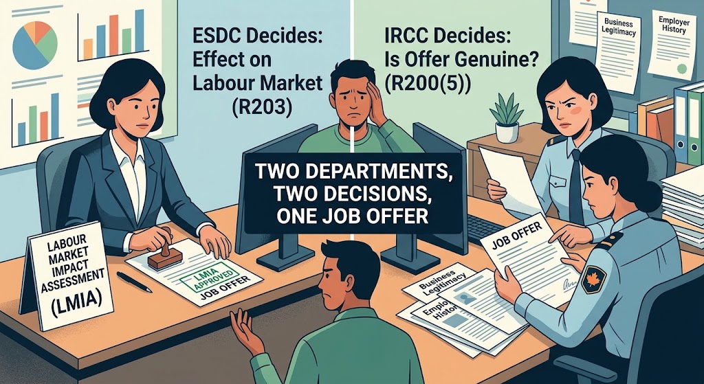 An infographic visualizes the parallel and distinct assessment processes for a Canadian work permit application, summarized by the text header: "Two Departments, Two Decisions, One Job Offer." The left side illustrates 'ESDC DECIDES (LMIA)' with a hand stamping 'LMIA APPROVED' on a job offer, listing factors like economic effect and Canadian priority. The right side illustrates 'IRCC DECIDES (WORK PERMIT)' with a hand scrutinizing 'JOB OFFER' documents under 'Is the Offer Genuine (R200(5))', checking business needs, compliance, and ability to fulfill the offer. Arrows connect both department processes to a single distressed foreign worker figure in the center, dramatizing how a single job offer faces separate economic and genuineness tests.