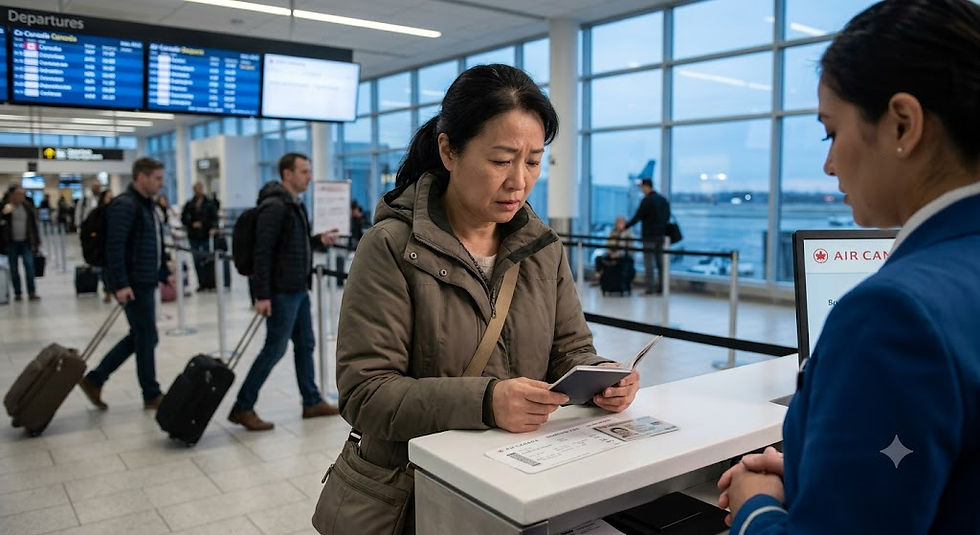 A candid, documentary-style photograph taken inside a busy international airport terminal in Tokyo, Japan. A middle-aged Japanese-Canadian woman, with a distressed and worried expression, wearing a warm winter coat and a crossbody bag, is standing at an Air Canada check-in counter. She is looking down at an expired Canadian Permanent Resident card in her hand, which she holds next to a printed airline ticket. An empathetic but firm airline agent, an older Japanese woman, is explaining that she cannot board without a valid travel document. The background is bustling with other travelers, luggage carts, and large overhead departure screens showing flights to Vancouver (YVR). Soft, diffused airport lighting creates a slightly tense atmosphere.