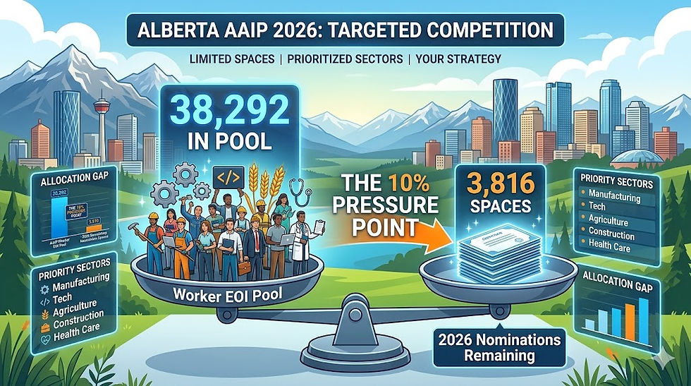A detailed infographic illustration titled "ALBERTA AAIP 2026: TARGETED COMPETITION" showing a balance scale comparing 38,292 applicants in the "Worker EOI Pool" to only 3,816 "2026 Nominations Remaining" spaces, highlighting "THE 10% PRESSURE POINT" with charts, priority sector lists (Manufacturing, Tech, Agriculture, Construction, Health Care), and an Alberta skyline background.