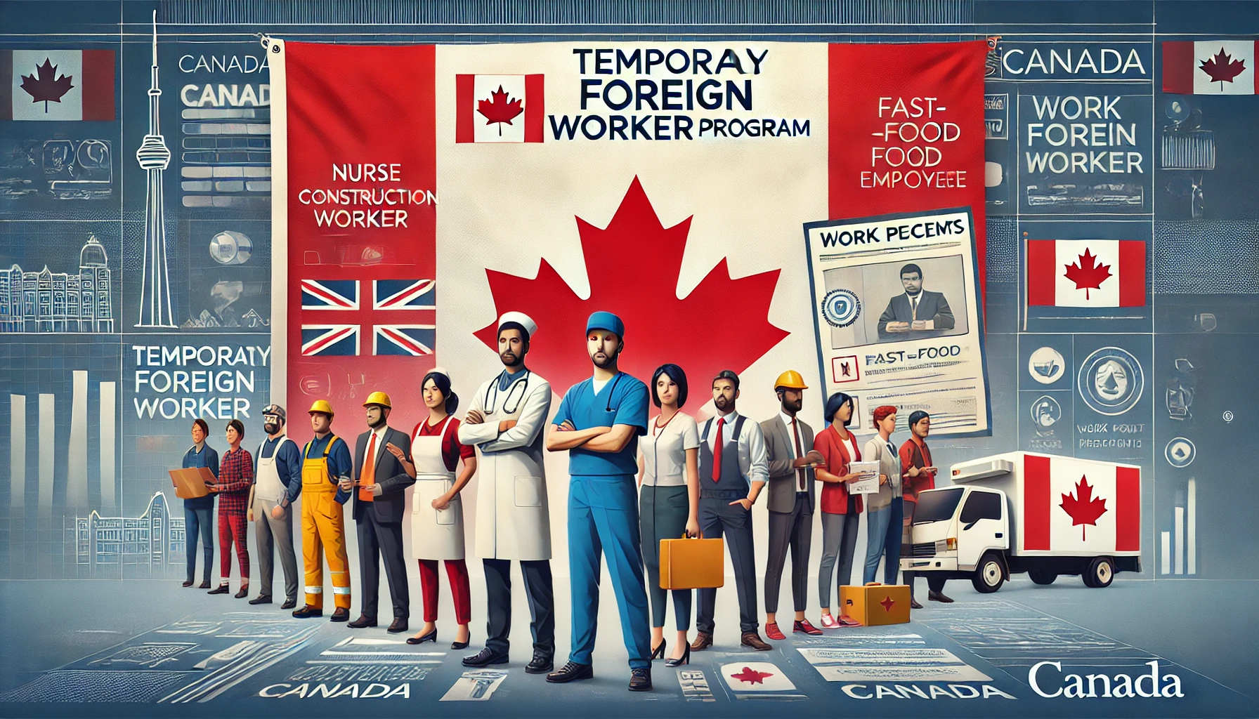Temporary Foreign Worker Program in Canada with diverse workers including a nurse, construction worker, fast-food employee, and high-tech professional standing together in front of a Canadian flag.
