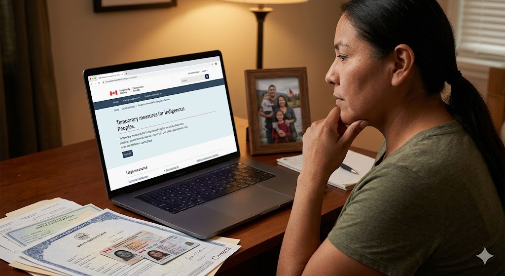 A photorealistic photo showing an Indigenous person (U.S. born) sitting at a desk, appearing thoughtful, and reviewing eligibility for Canadian temporary measures on a laptop displaying the official IRCC website. The desk is cluttered with identity documents like birth certificates and tribal IDs, next to a framed family photo.