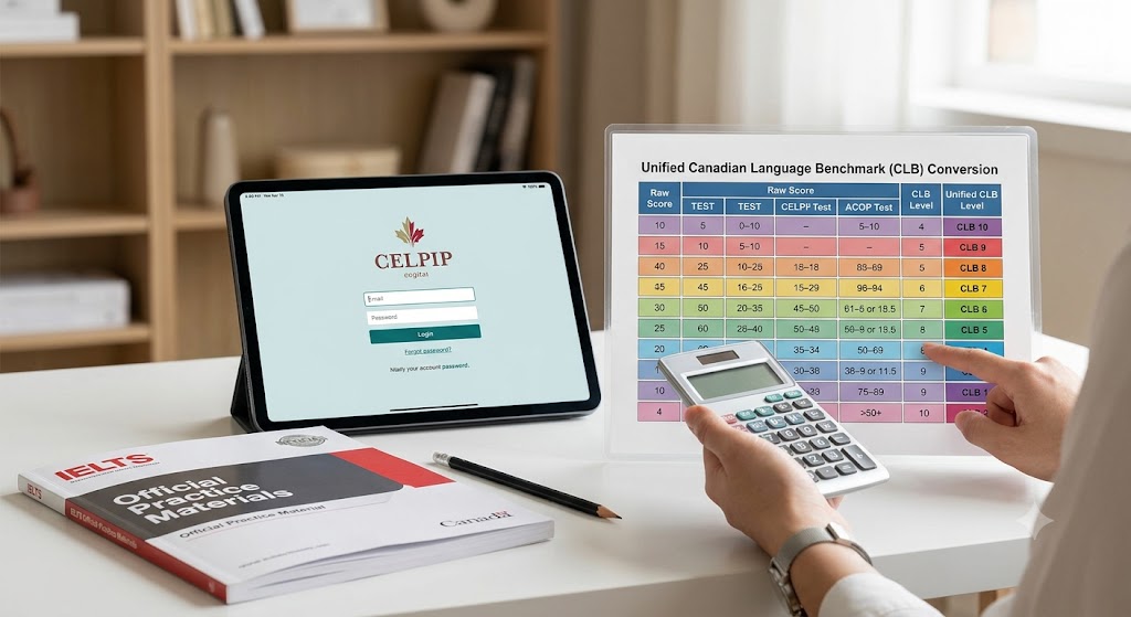 A desk setup showing a physical IELTS booklet, a tablet displaying the CELPIP login, and a detailed laminated chart comparing CELPIP, IELTS, and TEF test scores to Unified Canadian Language Benchmark (CLB) levels 4 through 10. A hand wearing a silver watch holds a calculator while pointing to CLB 9 on the chart. The background includes a bookshelf and warm lighting.