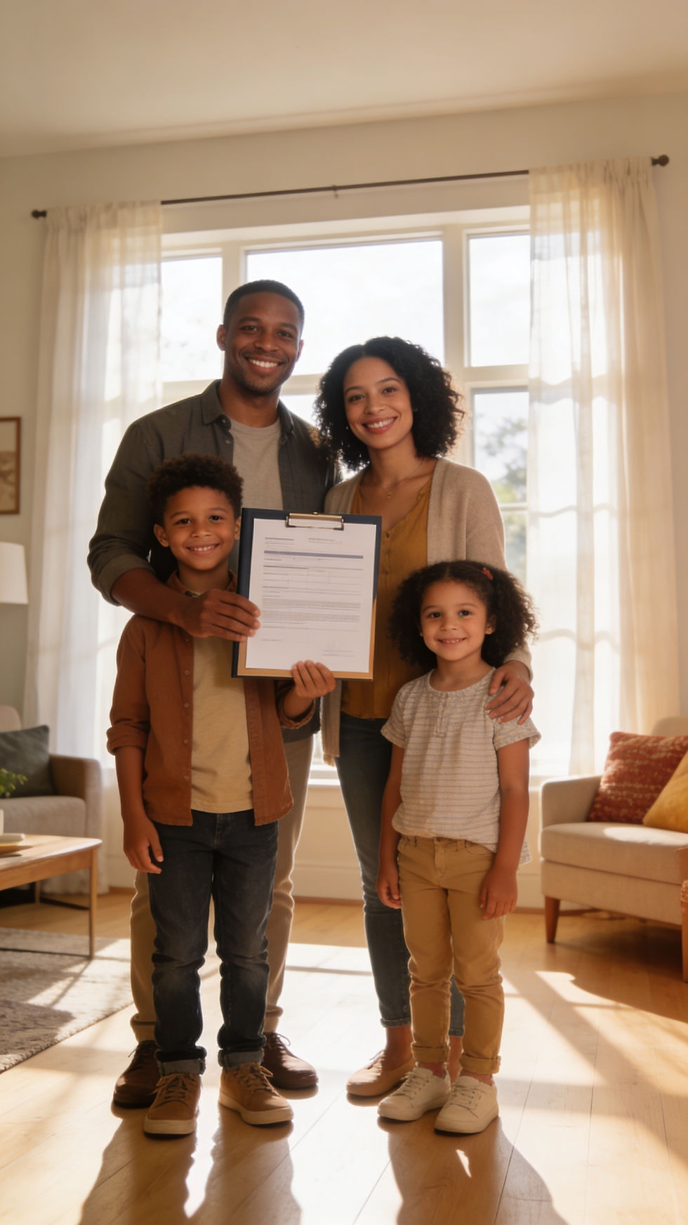 Multicultural family of four holding immigration documents and smiling in their Canadian home, representing a family class permanent residence application