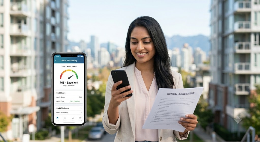 The newcomer smiles and holds her smartphone outdoors in Vancouver, looking at an app screen displaying an excellent credit score, alongside a physical rental agreement.