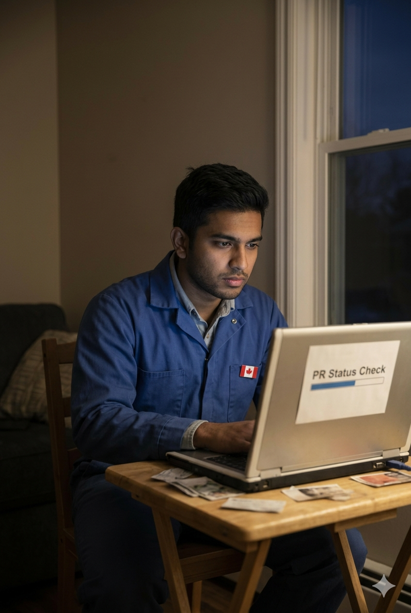 A portrait photo of a young man of South Asian descent, in a generic work uniform, sitting at a simple wooden table in a dimly lit apartment in the evening. He is looking intently at an older laptop screen that displays a generic 'PR Status Check' portal with a loading bar, representing a worker checking an existing application.
