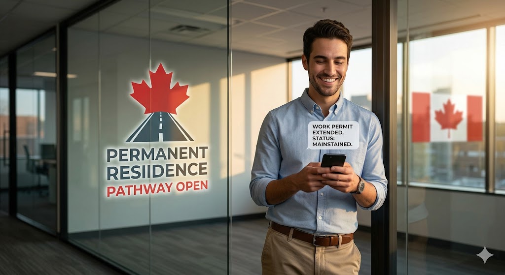 A confident young man standing in a modern office with large windows, looking smilingly at his smartphone which displays a notification message: "WORK PERMIT EXTENDED. STATUS: MAINTAINED." A graphic on the glass partition reads "PERMANENT RESIDENCE PATHWAY OPEN" next to a red maple leaf.