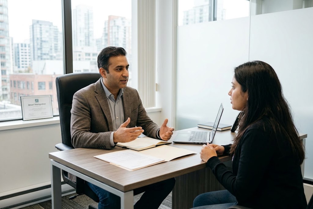 An immigration consultant, Amir Ansari, speaking to a client in an office in Vancouver.