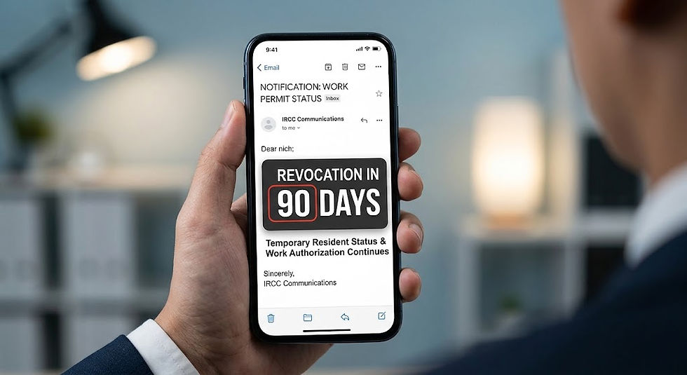 A close-up of a professional's hand holding a smartphone that displays an official notification email regarding work permit status, with a clear countdown graphic showing that work authorization continues for 90 days.
