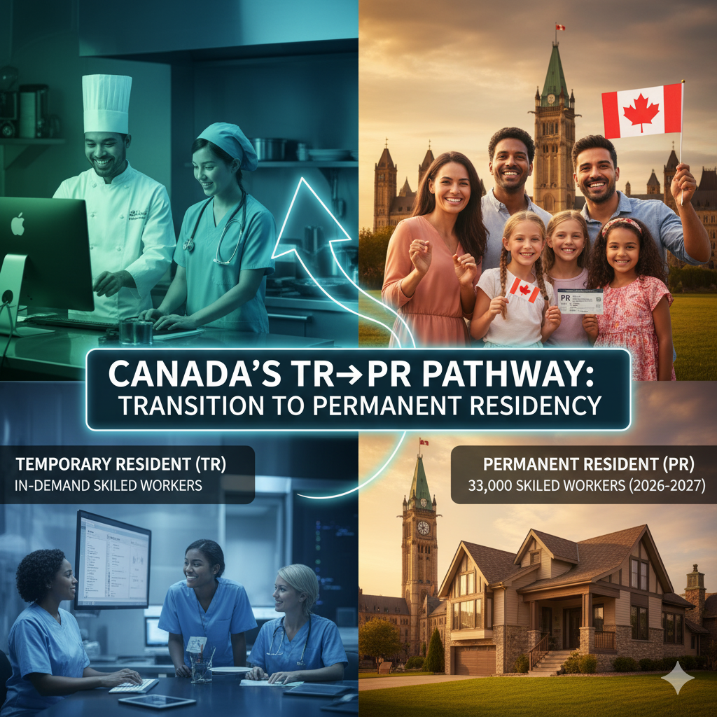Graphic illustrating Canada's TR to PR pathway for skilled temporary workers transitioning to permanent residency.