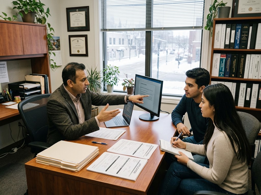 An indoor, candid photograph of an immigration consultation taking place inside a professional Canadian office. A South Asian consultant in a blazer is seated at his desk, gesturing as he explains application processes to a young South Asian couple. He is pointing toward a computer monitor, with open files, a laptop, and printed "APPLICATION" and "EXPRESSION OF INTEREST" forms visible on the wooden desk. The young woman is taking notes in a spiral notebook, and the young man listens attentively. In the background, a large window reveals a snowy, wintry urban street, flanked by bookshelves filled with binders, indoor plants, and framed professional certificates.