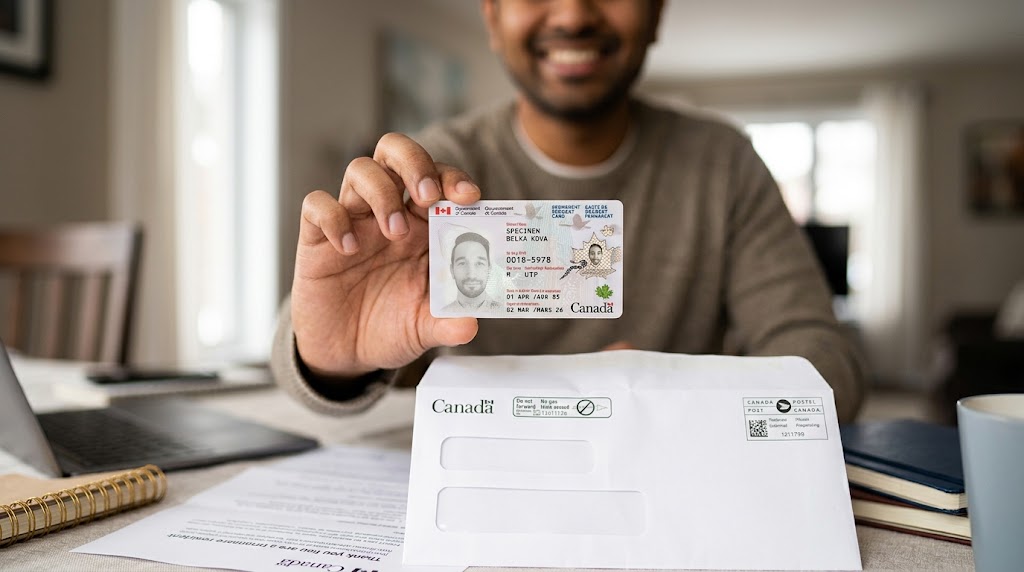 A close-up photograph of a proud new permanent resident of Canada holding up their recién-recibido (recently received) Canada Permanent Resident (PR) Card, which is held gently by its edges in the foreground. Behind the hand, a South Asian man in a casual sweater is softly out of focus, smiling with immense relief and joy in his home. Resting on the dining table below the card is the open official white Government of Canada mailing envelope, displaying the "Canada" wordmark and Canada Post postage stamps, alongside an accompanying official letter. Other household items, including a laptop, notebooks, and a coffee mug on the table, are softly blurred in the warm, naturally lit indoor background.
