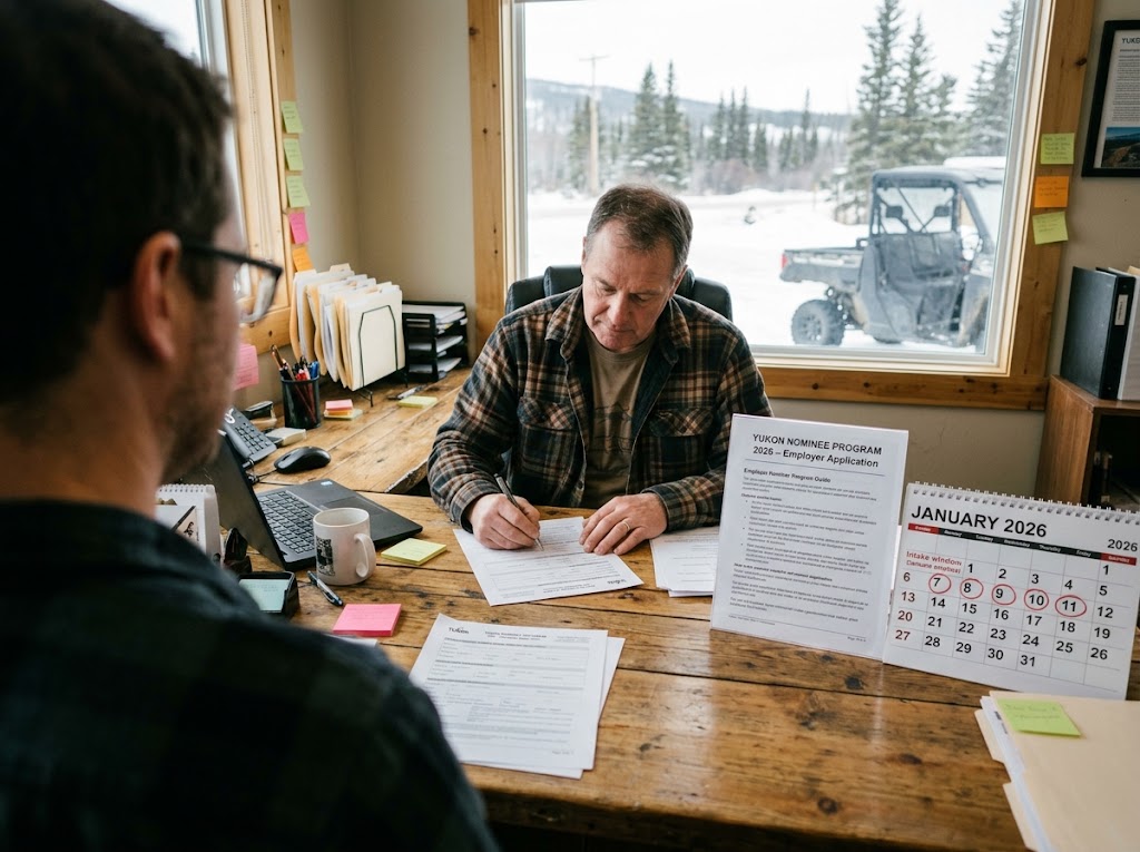 An over-the-shoulder view of a Yukon employer in a plaid shirt seated at a busy wooden desk, focused on filling out paper application forms. In the foreground on the desk, there is a printed guide titled 'YUKON NOMINEE PROGRAM 2026 - Employer Application' and a 'JANUARY 2026' calendar with several dates circled in red. Papers, folders, a laptop, and a coffee mug are scattered across the workspace. Through the large window behind him, a snow-dusted natural Yukon landscape with evergreen trees and a parked utility vehicle are visible.