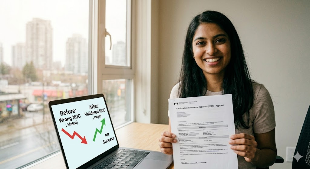 A young woman smiles broadly and holds up a Confirmation of Permanent Residence (COPR) document in a bright Vancouver office, next to a laptop displaying an infographic summarizing the successful validation of her NOC and CRS points.