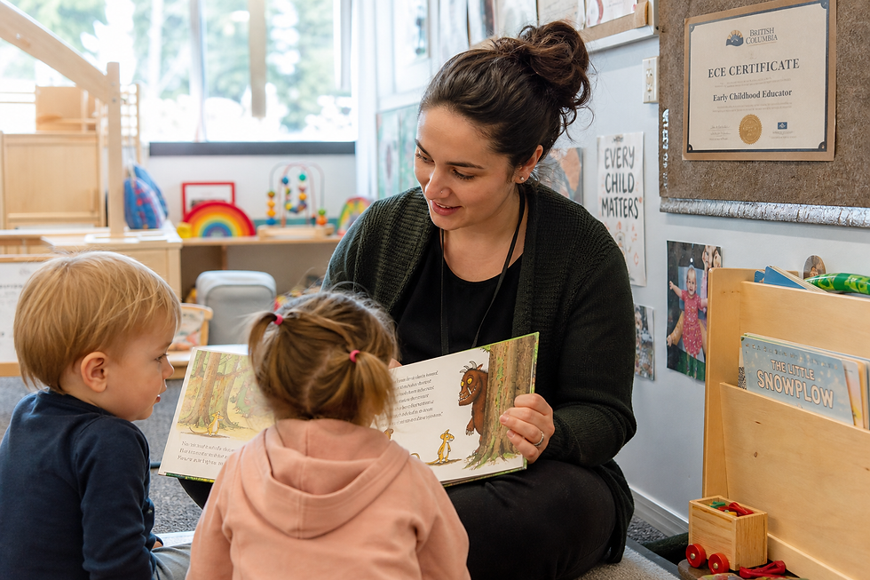 Early childhood educator reading a picture book to toddlers in a BC daycare classroom, representing the BC PNP ECE immigration pathway