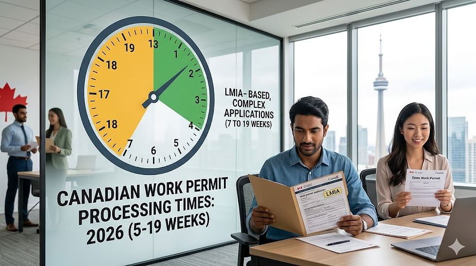 A professional photograph set in a Toronto office illustrating Canadian work permit processing times in 2026. A large graphic processing clock on a glass partition separates "Open Work Permits" into a green section (weeks 1-13) and "LMIA-BASED, COMPLEX APPLICATIONS" into a yellow section (weeks 14-19). Text below reads: "CANADIAN WORK PERMIT PROCESSING TIMES: 2026 (5-19 WEEKS)". To the right, a seated man reads an "APPROVED" LMIA application, and a smiling woman holds an "Open Work Permit" certificate. The CN Tower is visible through the window.