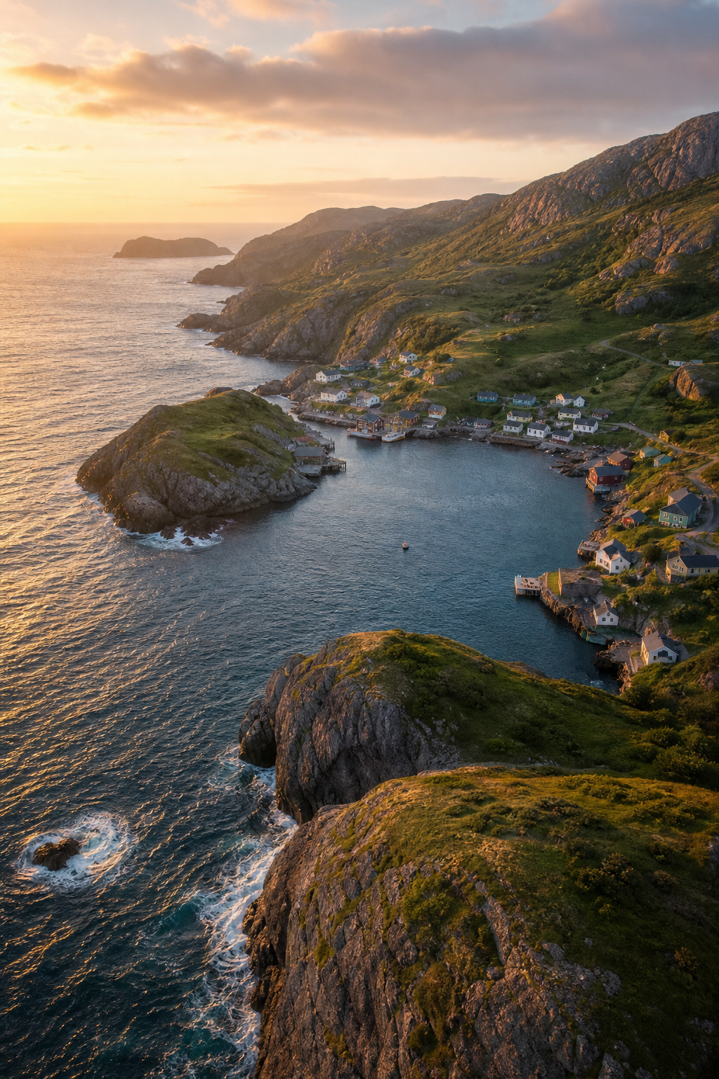 Aerial view of a rugged Newfoundland and Labrador coastline with rocky cliffs, green hills, and a small harbour village at golden hour
