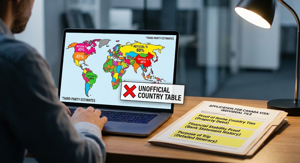 A conceptual photograph showing a user at a desk comparing data. On a laptop screen, a pixelated world map is marked with arbitrary red "refusal %" estimates and labeled as "THIRD-PARTY ESTIMATES." Contrastingly, in sharp focus in the foreground, an official-looking paper file labeled "INDIVIDUAL FILE" highlights specific, personal documents like property deeds and bank statements, illustrating the focus on individual merits over country averages.