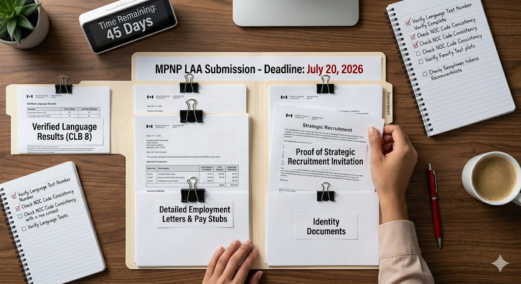 A meticulous top-down photograph of an organized wooden desk surface showing preparation for an MPNP application. Centered is an open document folder titled 'MPNP LAA Submission - Deadline: July 20, 2026'. Neatly clipped document groups inside have clear labels: 'Verified Language Results (CLB 8)', 'Detailed Employment Letters & Pay Stubs', 'Proof of Strategic Recruitment Invitation', 'Educational Transcripts (WES)', and 'Identity Documents'. A woman’s hand places a final document. A digital clock reads 'Time Remaining: 45 Days'. A notebook has handwritten checklists like 'Verify Language Test Number' and 'Check NOC Code Consistency.'