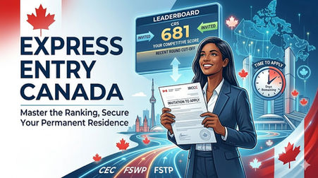 An illustrative cover photo for a blog post about Canadian Express Entry. A diverse, smiling female professional holds an official 'INVITATION TO APPLY' document. Above her, a digital leaderboard displays 'CRS 681' as 'YOUR COMPETITIVE SCORE,' marked above a 'RECENT ROUND CUT-OFF' with 'INVITED' status. Next to this, a stylized clock and Canadian map show 'TIME TO APPLY' with '59 Days Remaining.' The background includes a modern cityscape and glowing pathways labeled 'CEC,' 'FSWP,' and 'FSTP,' all presented in a sleek, illustrative style with maple leaf motifs. The main text reads: 'EXPRESS ENTRY CANADA. Master the Ranking, Secure Your Permanent Residence.'