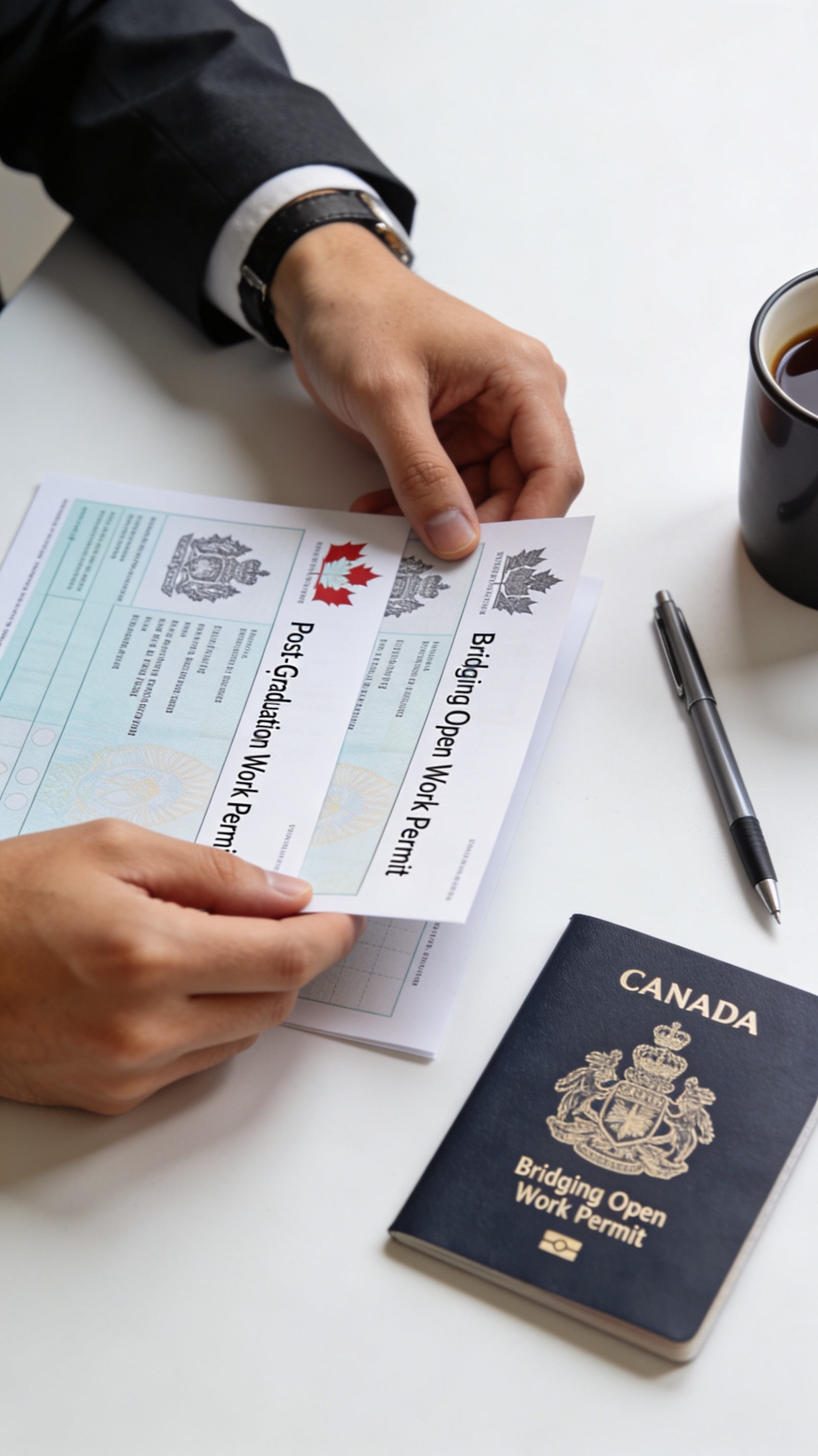 A close-up of a young professional's hands comparing a Post-Graduation Work Permit and a Bridging Open Work Permit side by side on a clean white desk, with a passport, pen, and coffee mug nearby, illustrating the key differences between the two permit types in Canada.