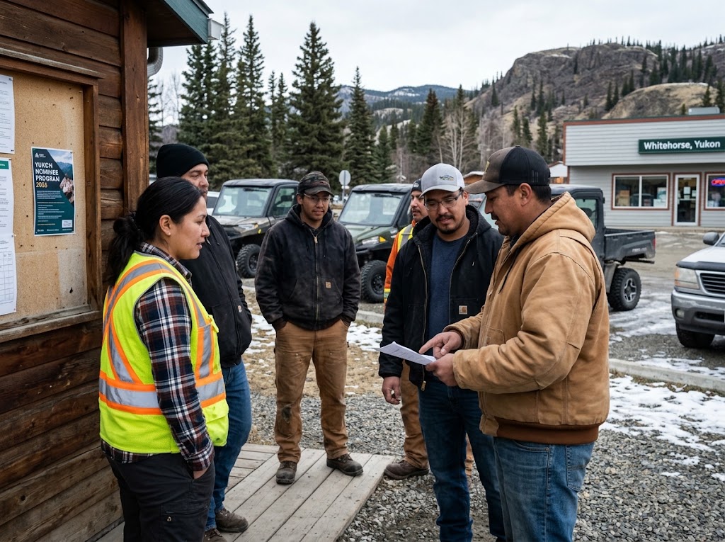 A candid, documentary-style photograph of a group of diverse workers gathered outdoors in Whitehorse, Yukon, Canada. A man in a brown canvas jacket points to a paper while talking to a woman wearing a high-visibility vest over a plaid shirt and others in workwear. A rustic wooden building with a notice board featuring a flyer for the 'YUKON NOMINEE PROGRAM 2026' is on the left. In the background, rugged hills, evergreen trees, parked utility vehicles, and a storefront labeled 'Whitehorse, Yukon' under an overcast sky with patches of light snow on the ground.