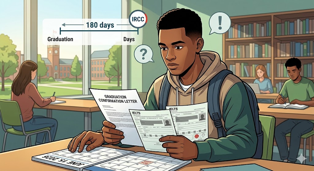 Moving to a clean illustrative style, this medium shot features an international student sitting in a university library, using natural lighting consistent with the campus feel established in the first image. He is intensely reviewing important physical documents: a 'GRADUATION CONFIRMATION LETTER' and an 'IELTS' language test result. A desk calendar confirms the date is June 15, 2026. Floating graphics include a 180-day timeline and subtle question marks, visually summarizing the text’s warnings about eligibility questions, language gaps, and the strict application timeline.