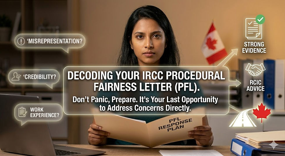 A blog cover image featuring a determined young South Asian woman sitting at a desk holding a folder labeled 'PFL RESPONSE PLAN'. Large text in the center reads, 'DECODING YOUR IRCC PROCEDURAL FAIRNESS LETTER (PFL). Don't Panic, Prepare. It's Your Last Opportunity to Address Concerns Directly.' Floating icons on the left highlight common IRCC concerns like 'MISREPRESENTATION?', 'CREDIBILITY?', and 'WORK EXPERIENCE?', while icons on the right point to solutions like 'STRONG EVIDENCE' and 'RCIC ADVICE', alongside a path leading to a red Canadian maple leaf. A Canadian flag is visible in the background.