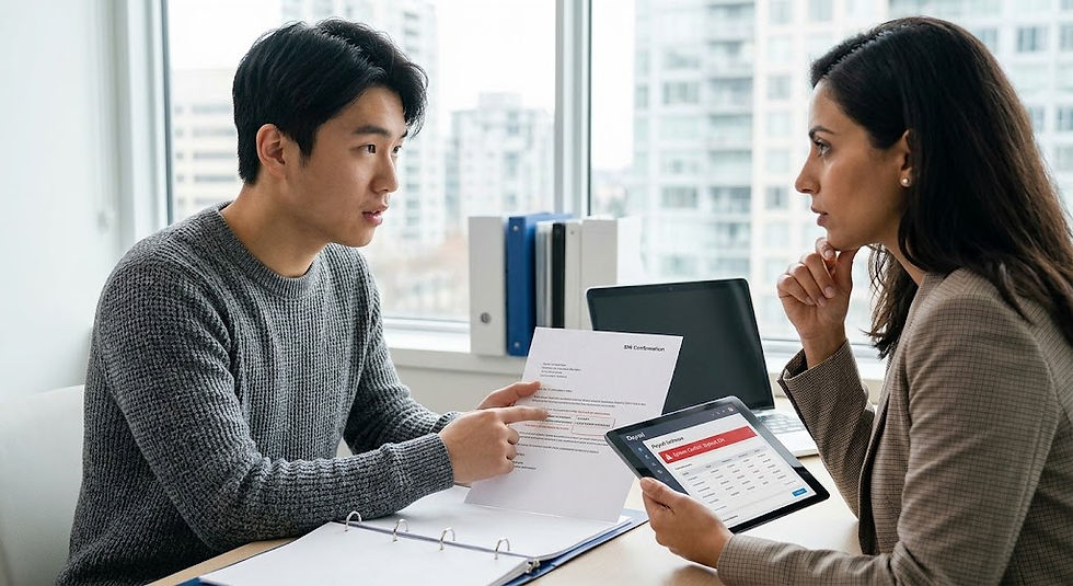 A worried international graduate points to an expired SIN document while an HR manager holds a tablet showing a payroll conflict error in a sunlit Vancouver office.