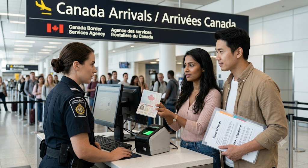 A realistic photograph taken from inside a busy international airport's Canada Arrivals hall. A diverse couple is standing at a Canada Border Services Agency (CBSA) primary inspection kiosk, undergoing an interview. The uniformed female officer has a professional, questioning expression while reviewing their passport, which contains a visa sticker. The man holds an organized folder visibly containing "Proof of Funds" and "Letter of Invitation" documents. A prominent overhead sign reads "CANADA ARRIVALS / ARRIVÉES CANADA" and "CANADA BORDER SERVICES AGENCY."