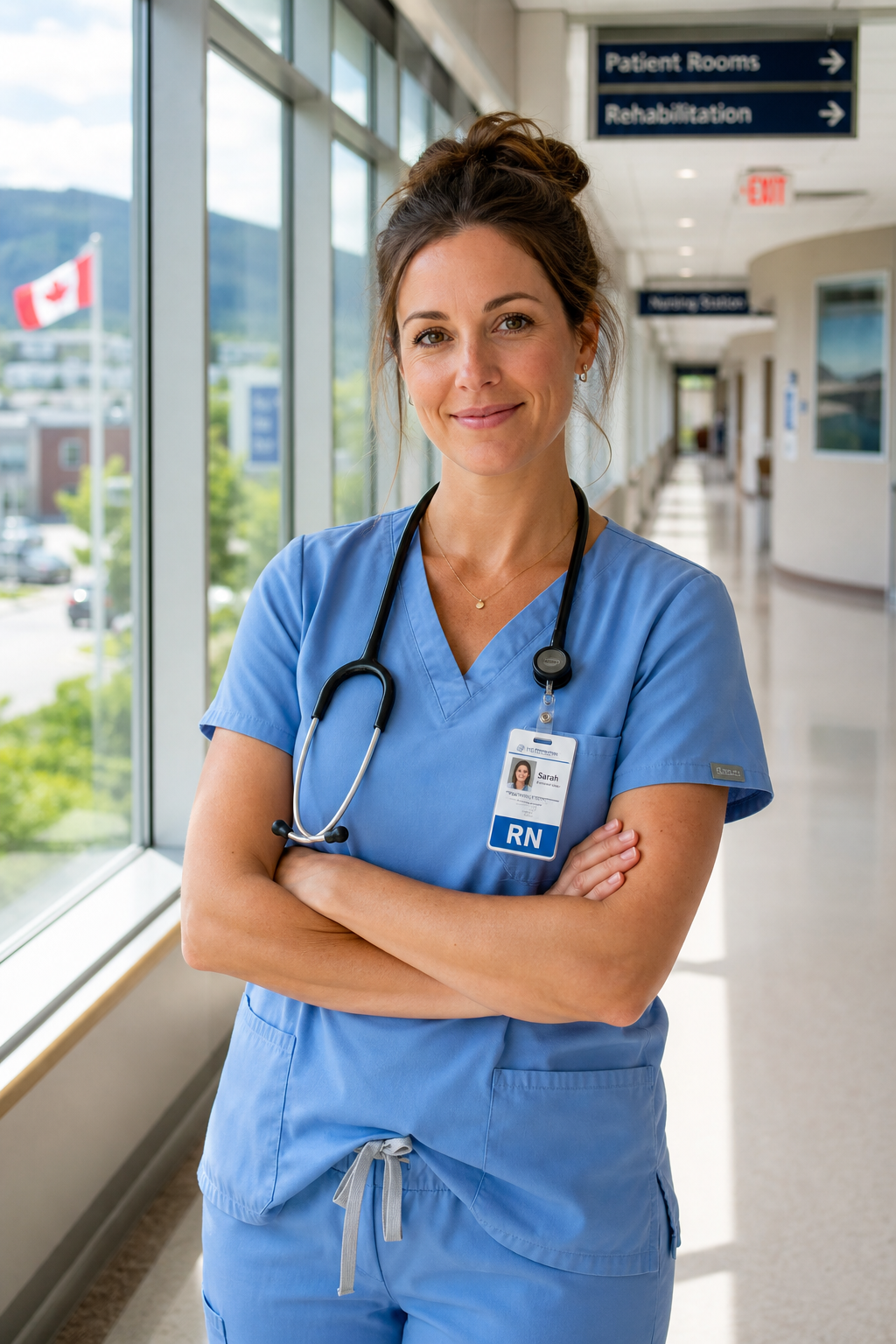 A healthcare professional in scrubs standing in a bright hospital corridor, representing health sector workers eligible for Newfoundland and Labrador immigration priority