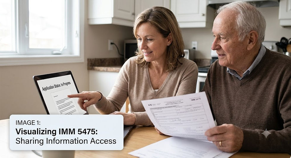 A mature couple sitting at a table reviewing immigration documents together. The woman is pointing to an "Application Status: In Progress" screen on a laptop, while the man holds a printed IMM 5475 form. A graphic overlay in the bottom left reads, "IMAGE 1: Visualizing IMM 5475: Sharing Information Access."