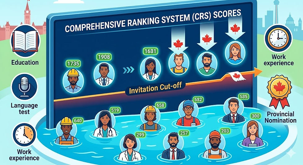 A vibrant, stylized illustration visualizing Canada's Express Entry Comprehensive Ranking System (CRS) pool. Diverse skilled worker avatars float in a blue pool, each displaying a numerical score (e.g., 519, 640, 299) above their head. A central leaderboard titled 'COMPREHENSIVE RANKING SYSTEM (CRS) SCORES' features a horizontal 'Invitation Cut-off' line. Avatars above the line receive maple leaf invitations, while those below wait. Icons for key factors like education, language ability, and work experience surround the leaderboard, with a 'Provincial Nomination' badge adding significant points.