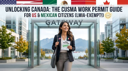 An infographic blog header titled "UNLOCKING CANADA: THE CUSMA WORK PERMIT GUIDE" with sub-text "FOR US & MEXICAN CITIZENS (LMIA-EXEMPT!)". A smiling woman in a navy blazer walks through a glass "GATEWAY" arch in a Vancouver, BC, Canada, cityscape. She holds an "APPROVED" CUSMA work permit document. The top border shows the flags of the USA, Mexico, and Canada, and a gold seal reads "EXEMPT".