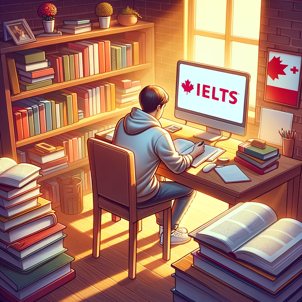 A person preparing for the IELTS exam, a critical step in the immigration process to Canada, with an atmosphere of hope.