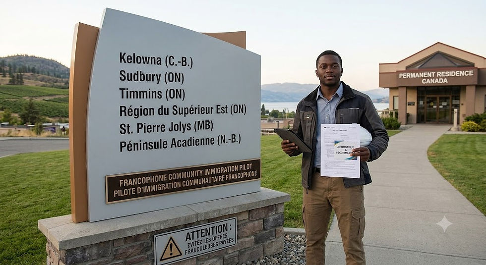 A professional cover photo for the blog, taken at sunrise in Kelowna, British Columbia, showing a smiling Black male skilled worker in smart technical attire. He stands confidently next to a large bilingual signpost (English: FRANCOPHONE COMMUNITY IMMIGRATION PILOT; French: PILOTE D'IMMIGRATION COMMUNAUTAIRE FRANCOPHONE). The sign clearly lists the six communities: Kelowna (C.-B.), Sudbury (ON), Timmins (ON), Région du Supérieur Est (ON), St. Pierre Jolys (MB), Péninsule Acadienne (N.-B.). He holds a validated 'JOB OFFER - IMM 0251' document and a recommended community card, pointing to the list. The background features rolling hills, Okanagan Lake, and a path toward an immigration office labeled 'PERMANENT RESIDENCE CANADA', under soft, hopeful golden light. A small French caution plaque is visible at the base warning against fraudulent offers.