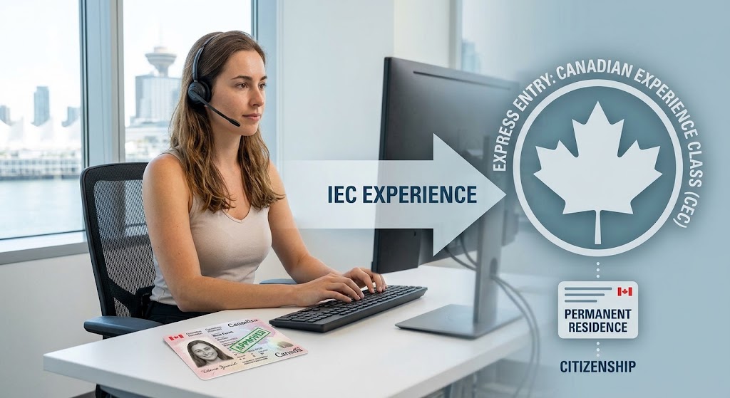 A medium shot of a focused young woman sitting at a modern office desk in Vancouver, wearing a headset and working. On the desk, an approved 'Canadian Work Permit' lies visible next to her keyboard. A graphic overlay next to her illustrates the professional path: a large arrow labeled "IEC EXPERIENCE" points toward a stylized maple leaf emblem that is encircled by the text 'EXPRESS ENTRY: CANADIAN EXPERIENCE CLASS (CEC)'. Below the emblem, icons represent the long-term goals of "PERMANENT RESIDENCE" and "CITIZENSHIP."