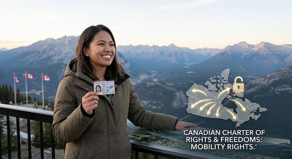 A photograph of a smiling woman holding a Canadian Permanent Resident card on a mountain viewing platform. A graphic overlay of a Canada map with arrows and a lock icon shows text about Mobility Rights and freedom of movement.