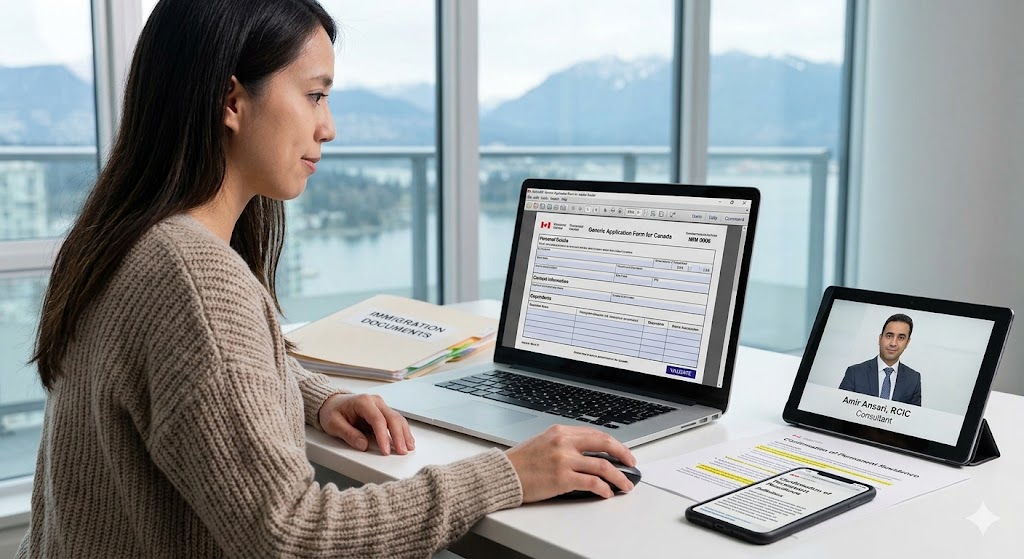 A woman sits at a desk, focused on filling out the Canadian IMM 0008 Generic Application Form on her laptop. A tablet displays a photo of consultant Amir Ansari, RCIC, and a folder of immigration documents is nearby.