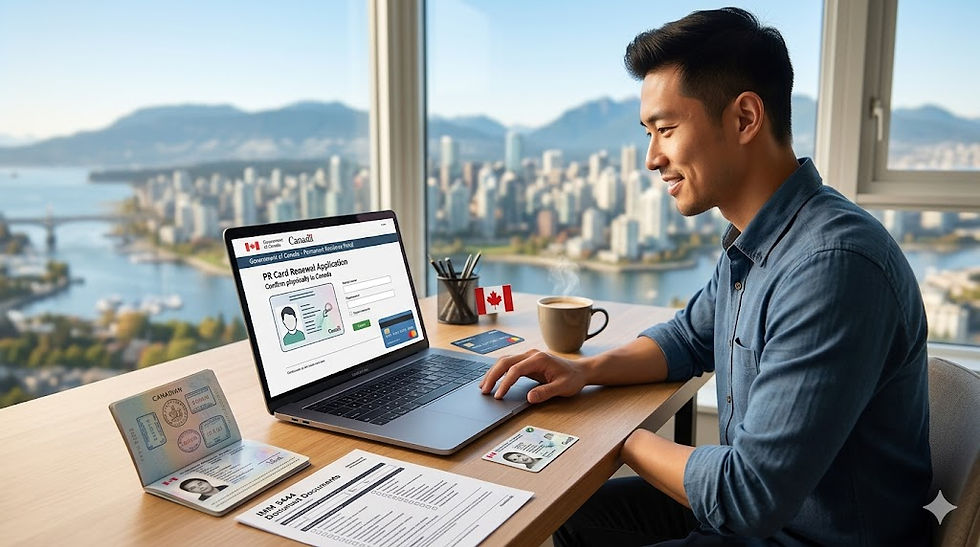 A young East Asian man in a blue button-down shirt smiles as he works on a laptop in a sunlit modern high-rise, with a large window behind him revealing a sweeping view of the Vancouver skyline, harbor, and North Shore mountains. On his desk are an open Canadian passport, his Canadian Permanent Resident card, and a binder for IMM 5444 documents. The laptop screen displays the stylized header text: 'IRCC Permanent Residence Portal - Online Application - Form IMM 5444'. The atmosphere is positive and organized.