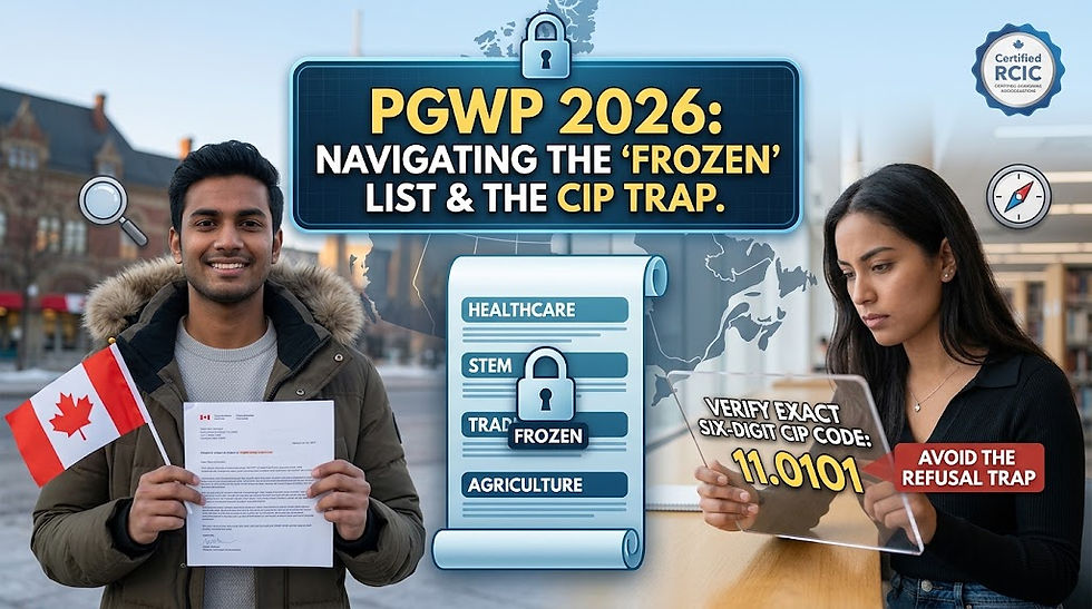 A horizontal blog header composite image for 2026 PGWP guidance, featuring large text: "PGWP 2026: NAVIGATING THE 'FROZEN' LIST & THE CIP TRAP." On the left, a smiling young South Asian man holds a Canadian flag. Text and a padlock icon show a frozen list of sectors (Healthcare, STEM, Trades, Agriculture). On the right, a focused young Hispanic woman in a library uses a tablet. Instructional overlays say "VERIFY EXACT SIX-DIGIT CIP CODE: 11.0101" and "AVOID THE REFUSAL TRAP." The image is clean and encouraging.