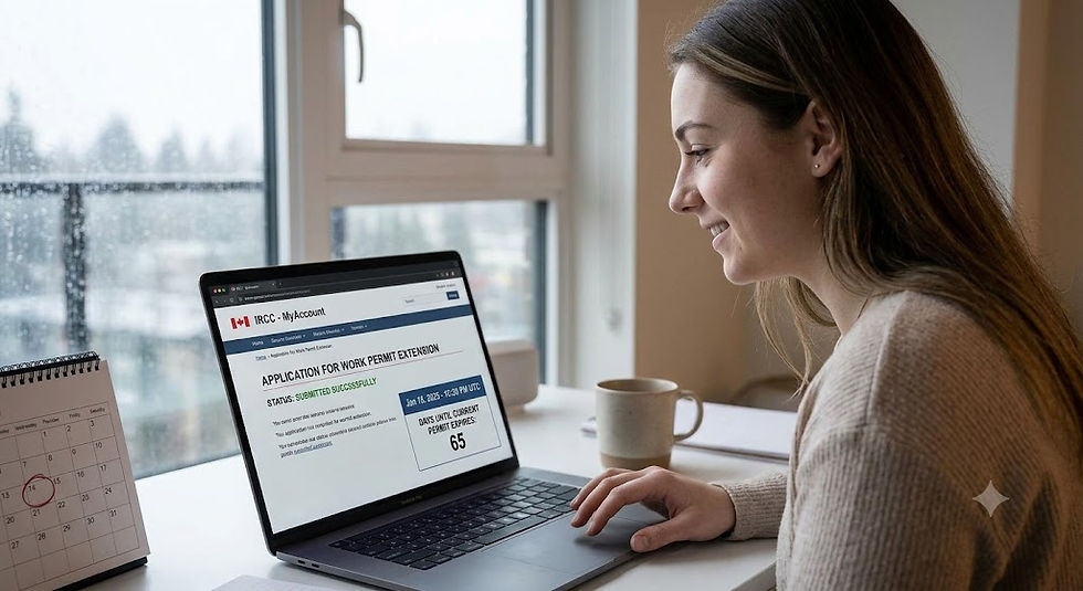 A close-up interior photograph of a young woman smiling at her laptop desk in a Vancouver apartment. Soft natural light filters from a large window in the background. The laptop screen is clearly legible, showing an IRCC portal page with 'APPLICATION FOR WORK PERMIT EXTENSION' and status 'SUBMITTED SUCCESSFULLY' on Jan 15, 2025. A countdown timer displays 'DAYS UNTIL CURRENT PERMIT EXPIRES: 65'. A calendar on the desk has January 15 circled.
