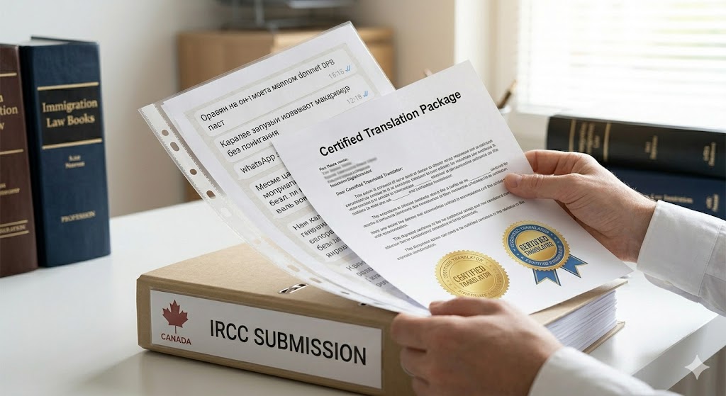 Close-up shot of hands carefully organizing documents into a physical IRCC submission file folder, including a printed WhatsApp chat log and a stamped 'Certified Translation Package.