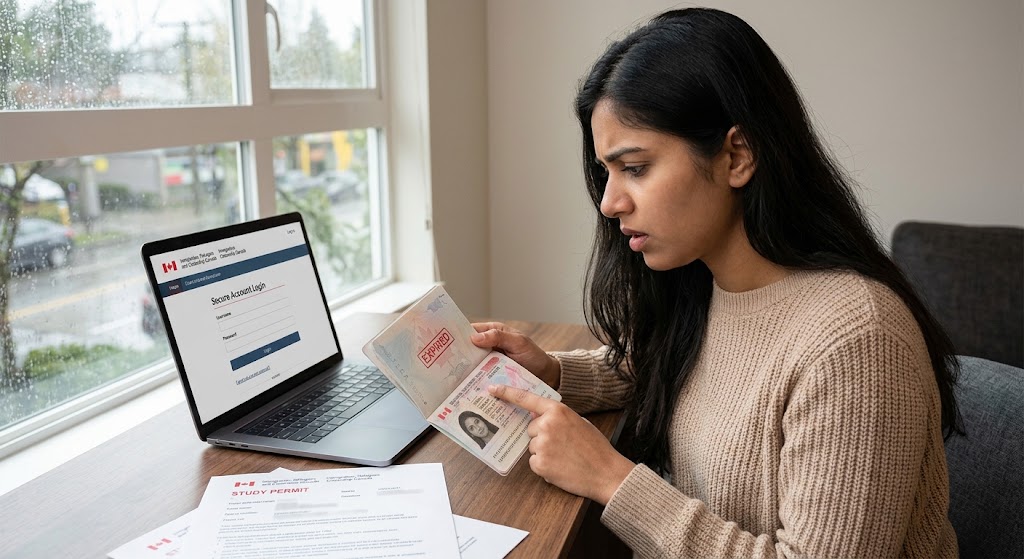 An anxious young woman of Indian descent holds a valid Canadian study permit and points to an expired TRV stamp in her passport. The background shows an IRCC login screen on a laptop in a bright Vancouver apartment, illustrating the difference between permit status and visa entry document.