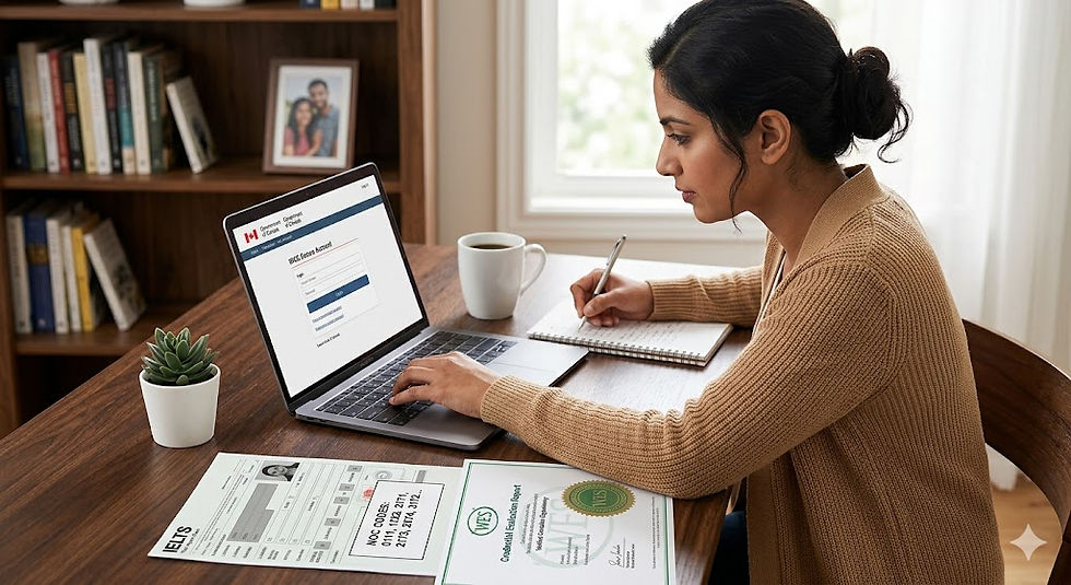 A candid photograph shows a young South Asian woman with her dark hair tied back in a bun, seated at a large wooden desk in a sunlit home study. She is focused on her work, looking at an open silver laptop that displays a "WES Secure Account" login page. She is holding a pen and actively writing in a spiral-bound notebook next to the laptop. Spread out on the desk are various documents, including an IELTS test report and a WES credential evaluation with official seals. Also on the desk are a white coffee mug and a small potted succulent. The background features a large wooden bookshelf filled with books, a framed couple's photo, and a window with light coming through a sheer curtain.