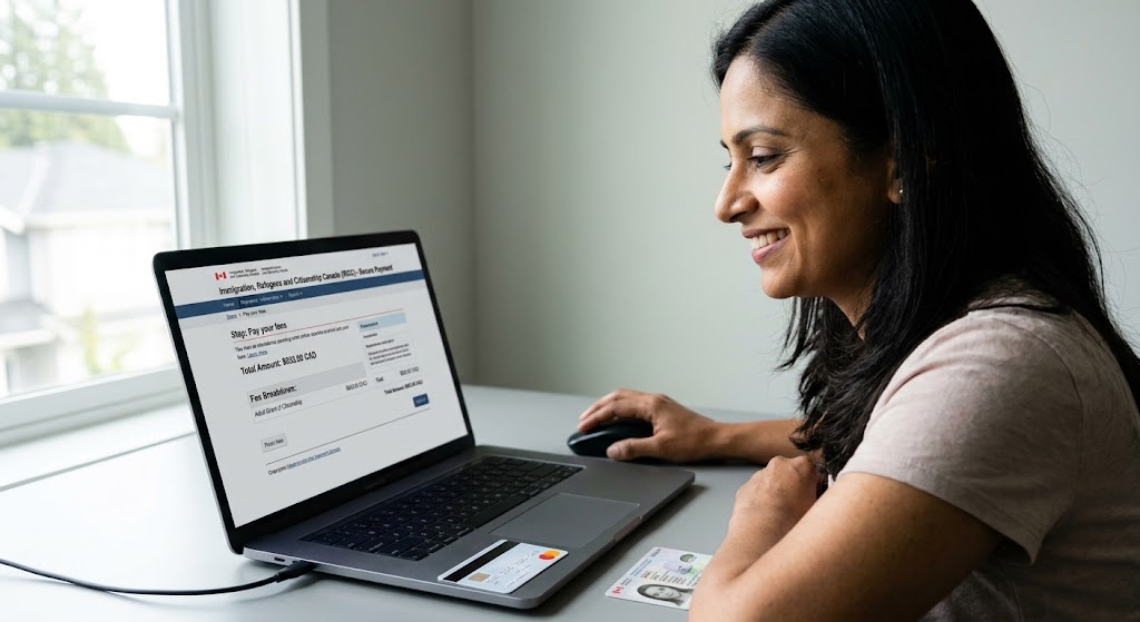 A smiling Asian woman sitting at a desk with a laptop, looking at an official IRCC website titled "Immigration, Refugees and Citizenship Canada (IRCC) - Secure Payment." The screen details the breakdown for an Adult Grant of Citizenship: a "$530 Processing Fee" and a "$113.88 Right of Citizenship Fee," totaling "$653.00 CAD." A credit card and a Permanent Resident card are on the desk.