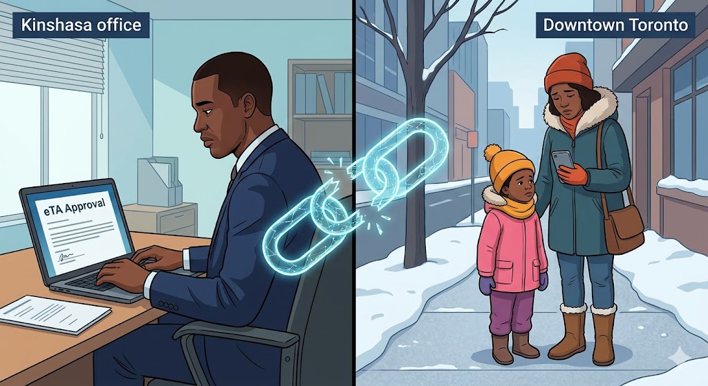 A split-screen illustration. On the left, in a Kinshasa office, a man looks with a sad expression at his 'eTA Approval'. On the right, in a snowy downtown Toronto street, a woman and child stand also looking sad. A broken, glowing blue chain link conceptually separates them.