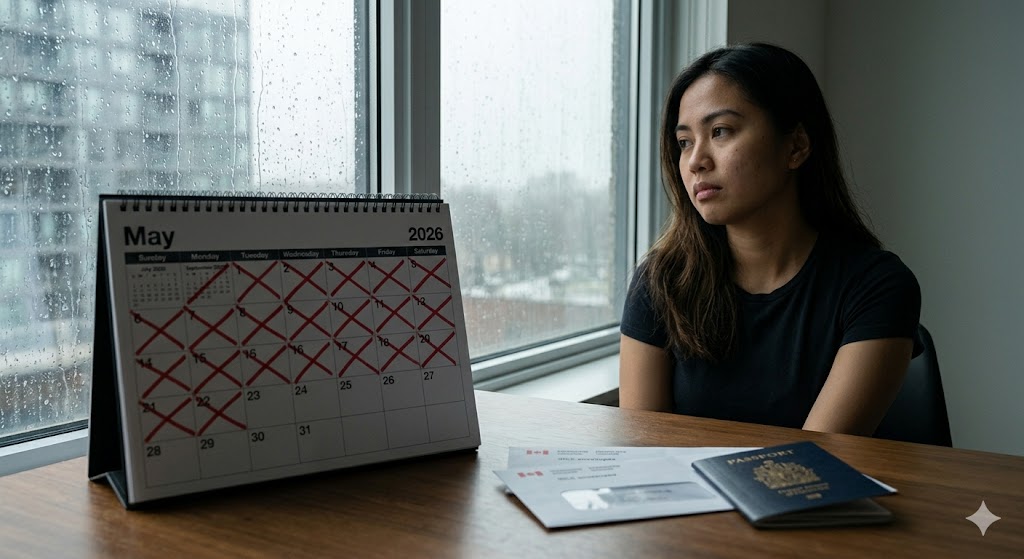A moody, atmospheric photograph in a Toronto apartment during overcast weather. A young woman of Filipino descent sits alone by a rainy window with a pensive expression. On a desk in the foreground is a large physical desk calendar for May 2026, with consecutive months dating back to July 2025 heavily crossed off in red marker, visually representing a 308-day wait.