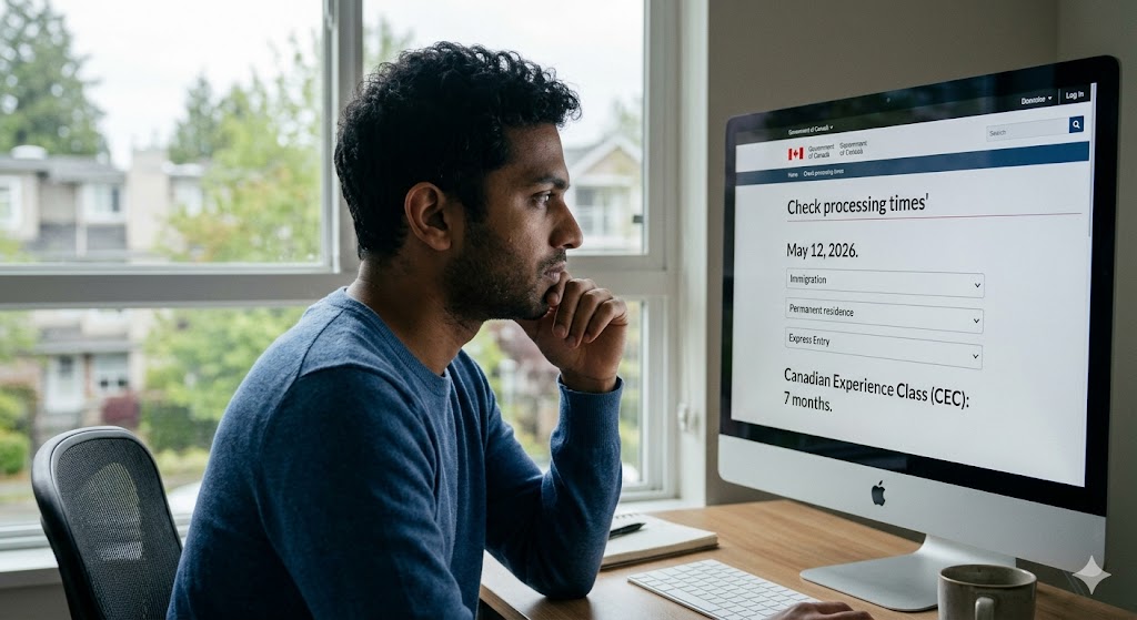 A man of South Asian descent in his 30s with a focused expression, wearing a blue sweater, sitting at a desk and looking at a computer screen that displays the Government of Canada’s processing time tool, which highlights "CEC: 7 months." The background is a bright, slightly rain-blurred window showing a residential street in Vancouver.