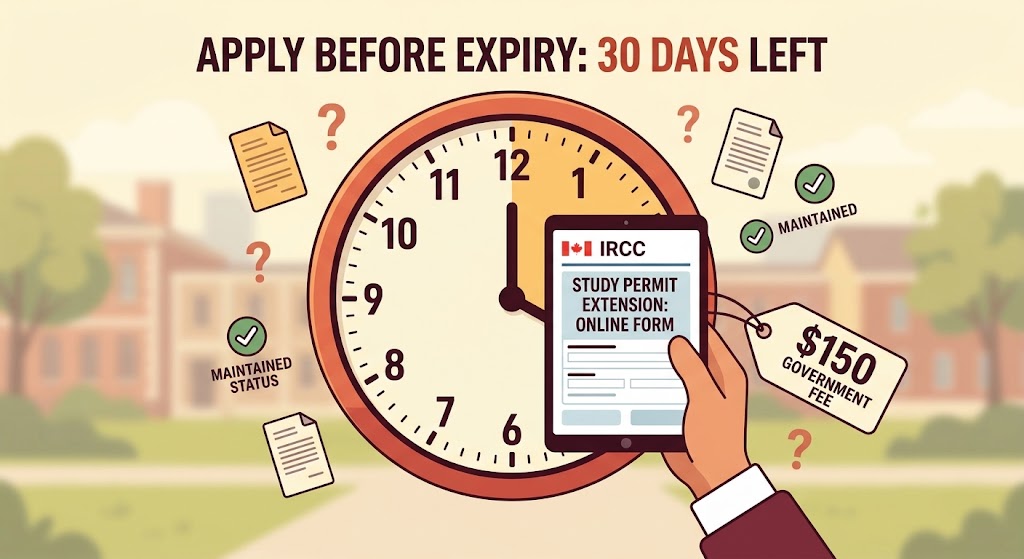 An illustrative infographic showing a hand holding a smartphone displaying the IRCC study permit extension form next to a large clock. Text highlights include: "APPLY BEFORE EXPIRY: 30 DAYS LEFT," "$150 GOVERNMENT FEE," and arrows pointing to the concept of "MAINTAINED STATUS" with icons for studying and working. The illustration has a clean, educational graphic design style with an orange and green color palette.