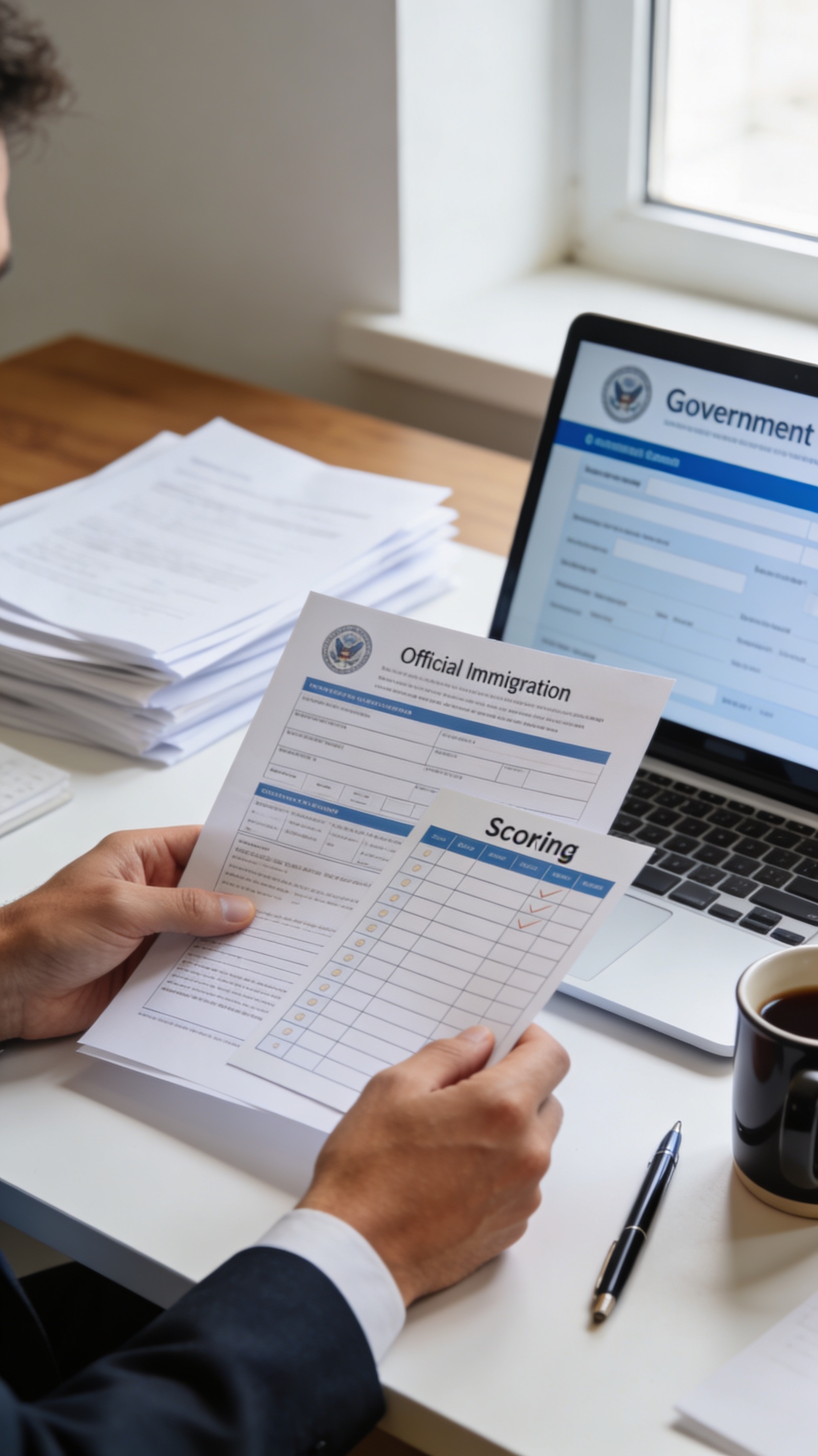 A professional reviewing BC PNP entrepreneur immigration scoring documents and a checklist at a clean desk, illustrating the registration score structure